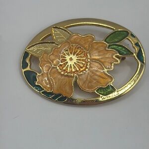 Vintage Cloisonne hibiscus flower gold tone  Brooch